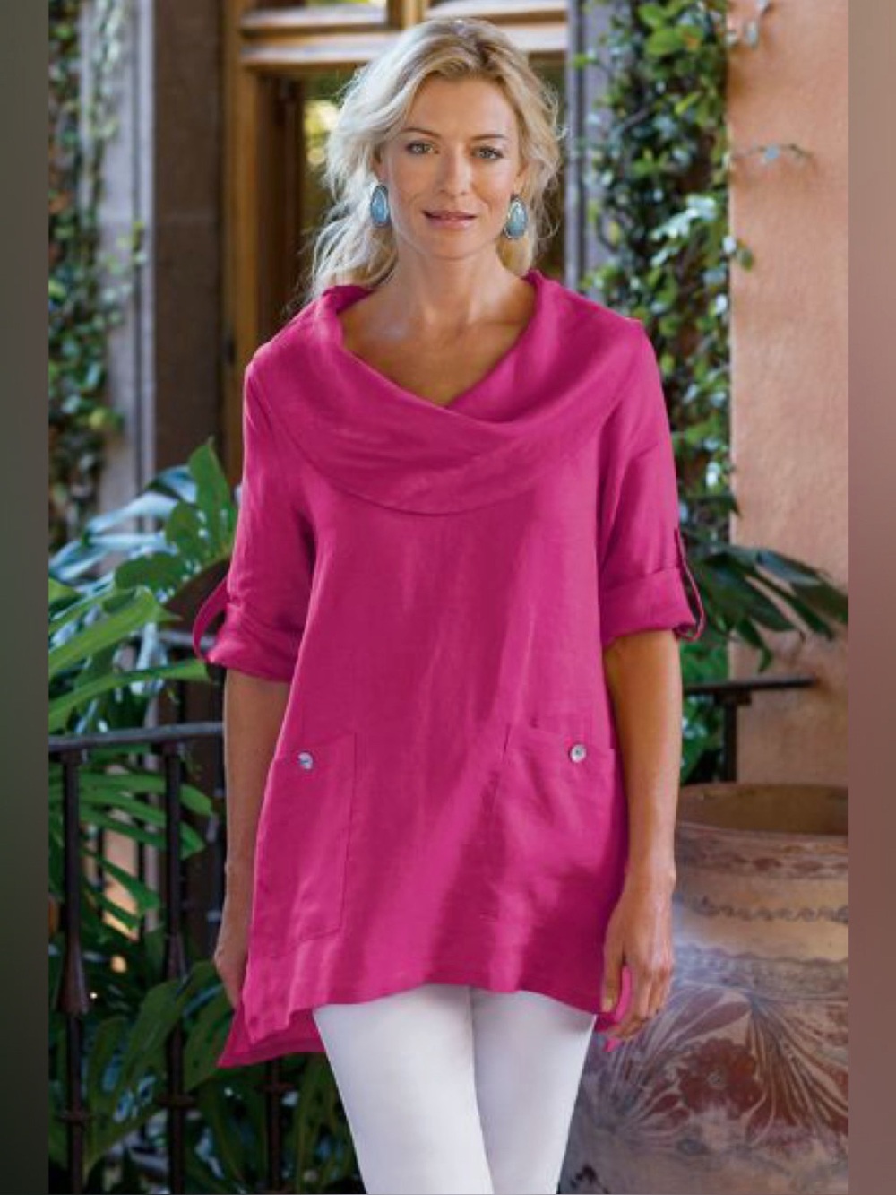 Soft Surroundings Mayfield Tunic Pink Cowl Neck Roll Tab Sleeve Linen